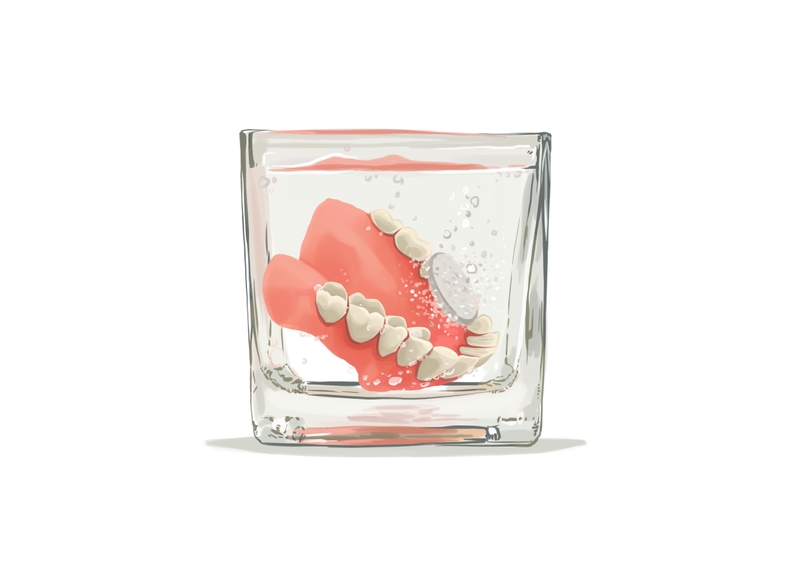 Dentures soaking in the glass of water 